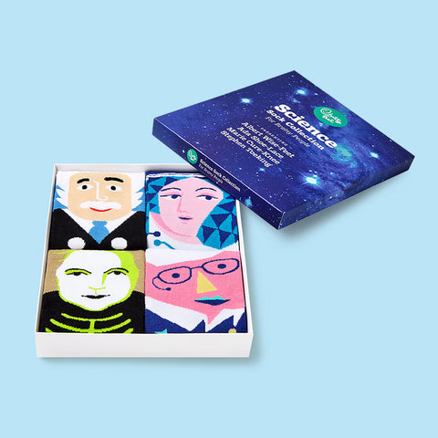 ChattyFeet Science Collection gift box with four scientist-themed socks